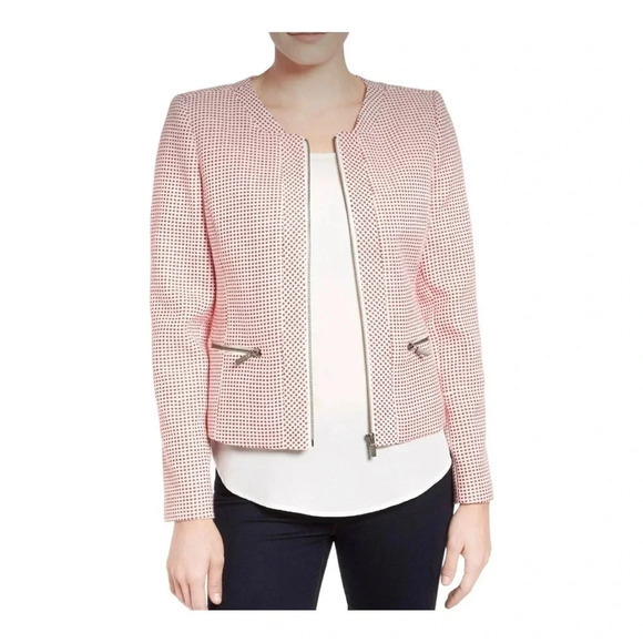 HALOGEN PINK WHITE CHECKED CROPPED ZIP UP BLAZER LINED POCKETS WOMEN SIZE MEDIUM - Picture 1 of 11